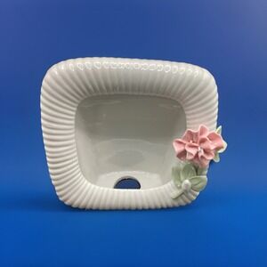 VTG. White Picture Frame W/ Pink 3D Flower, Porcelain/Ceramic- 4.5 X 5"